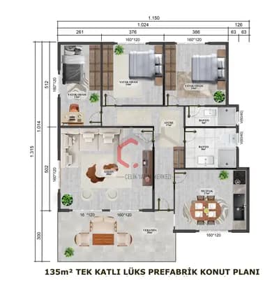Tek Katlı Prefabrik Villa 135 m2 kat planı