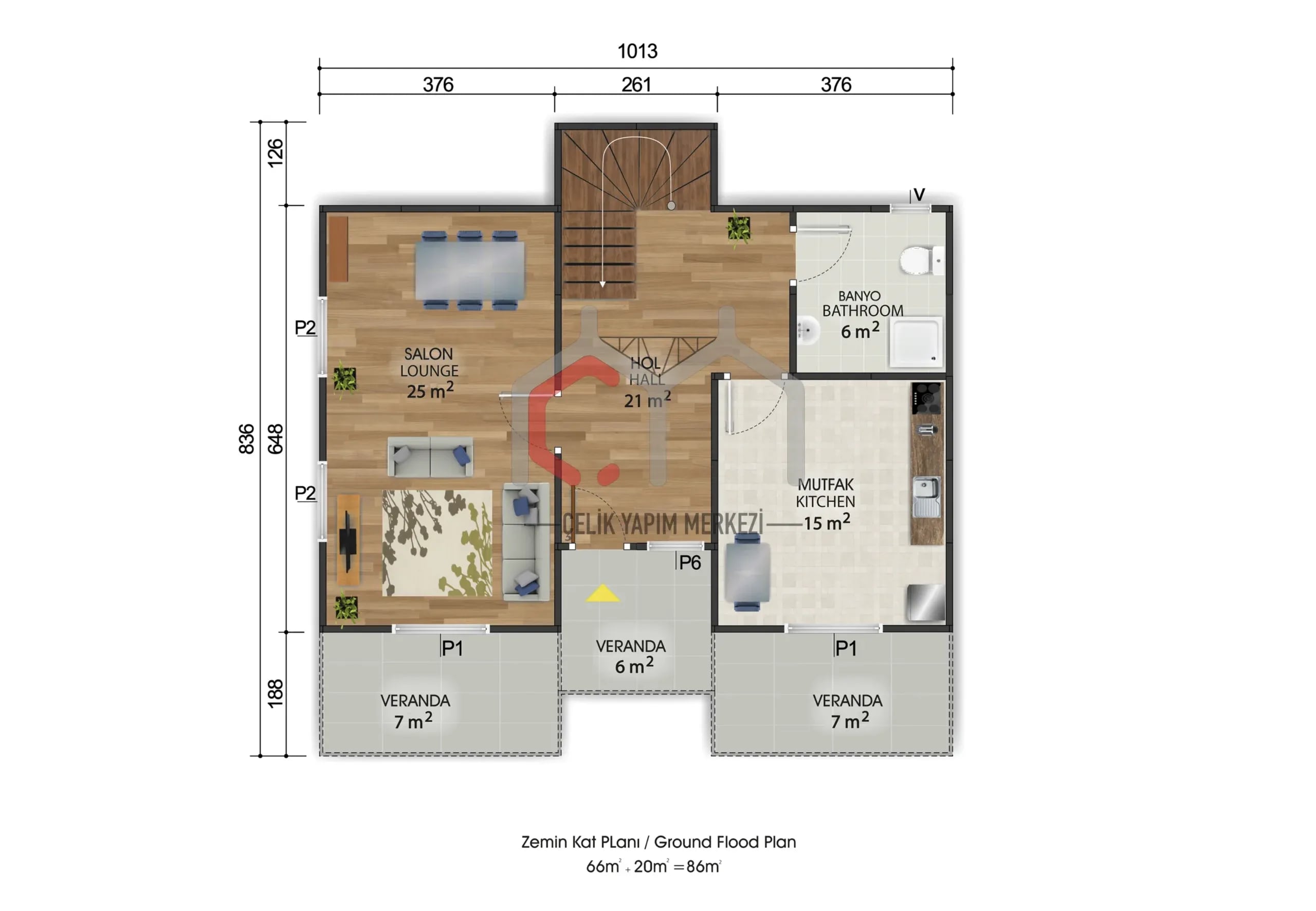 4+1 Çift Katlı Prefabrik Ev 158 m2 – Üç Verandalı Model - Görsel 2