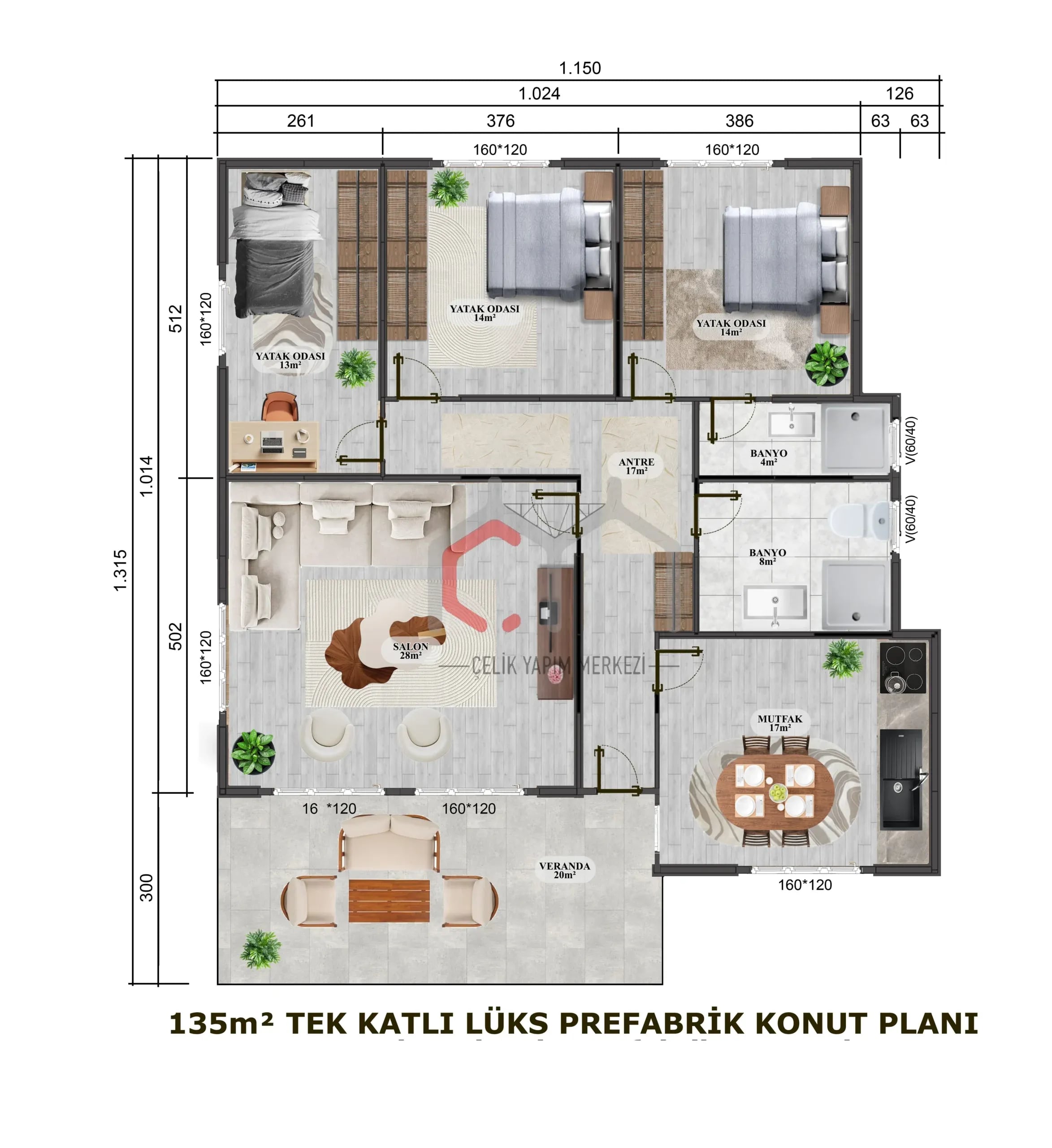 Tek Katlı Prefabrik Villa 135 m2 kat planı