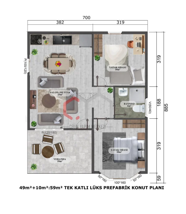 2+1 Tek Katlı Prefabrik Villa 59 m2 kat planı