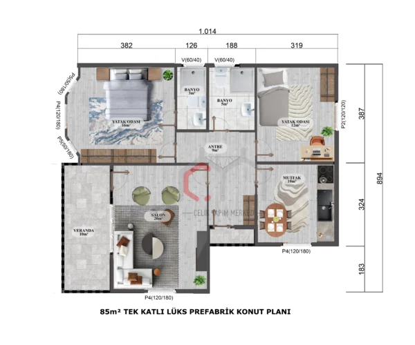 85 m2 Tek Katlı Prefabrik Villa plan