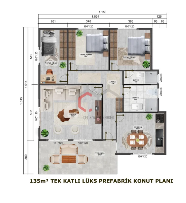 Tek Katlı Prefabrik Villa 135 m2 kat planı