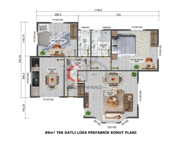 Tek Katlı Prefabrik Villa 89 m2 çizim plan