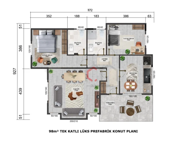 Tek Katlı Prefabrik Villa 98 m2 çizim